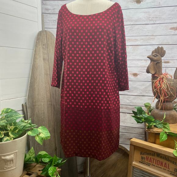 Old Navy 3/4 Sleeve Polka Dot Dress Large Burgandy Maroon Ombre Dots Scoop Neck - Picture 1 of 11